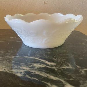 Vintage White Milk Glass Grape and Leaf Pattern Bowl